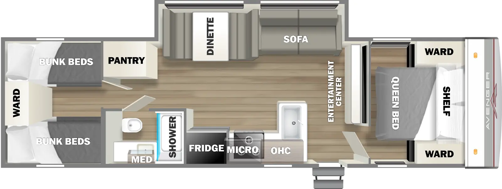 The 28QBSLE has one slideout and one entry. Interior layout front to back: foot facing queen bed with shelf above and wardrobes on each side; entertainment center along inner wall; off-door side slideout with sofa and dinette; door side entry, peninsula kitchen counter with sink, overhead cabinet, microwave, cooktop, and refrigerator; door side full bathroom with medicine cabinet; off-door side pantry; rear bunk room with bunk beds on each side and wardrobe between them in the rear.